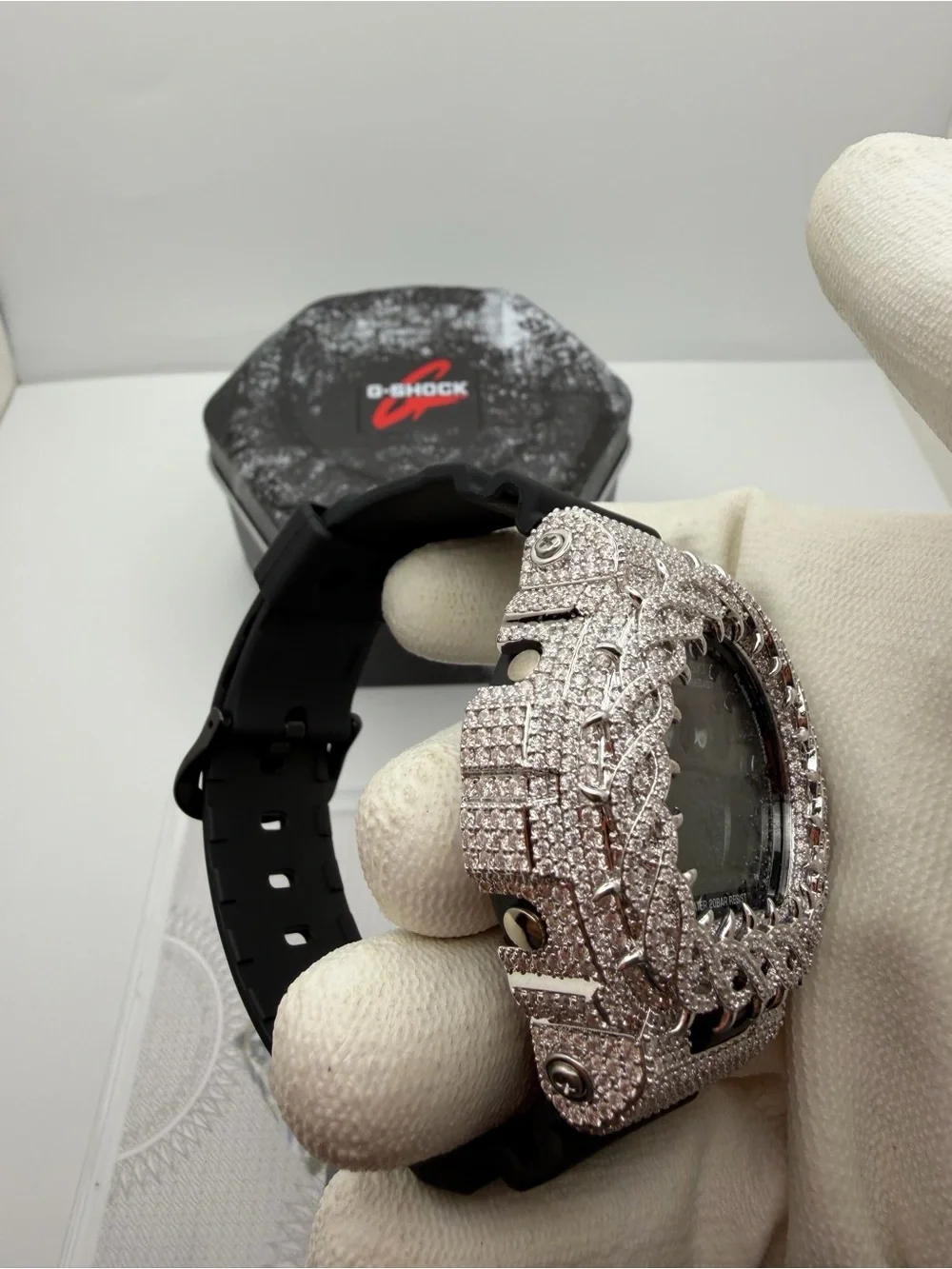 G-Shock Black Digital Watch with Silver Moissanite VVS Pavé Bezel
